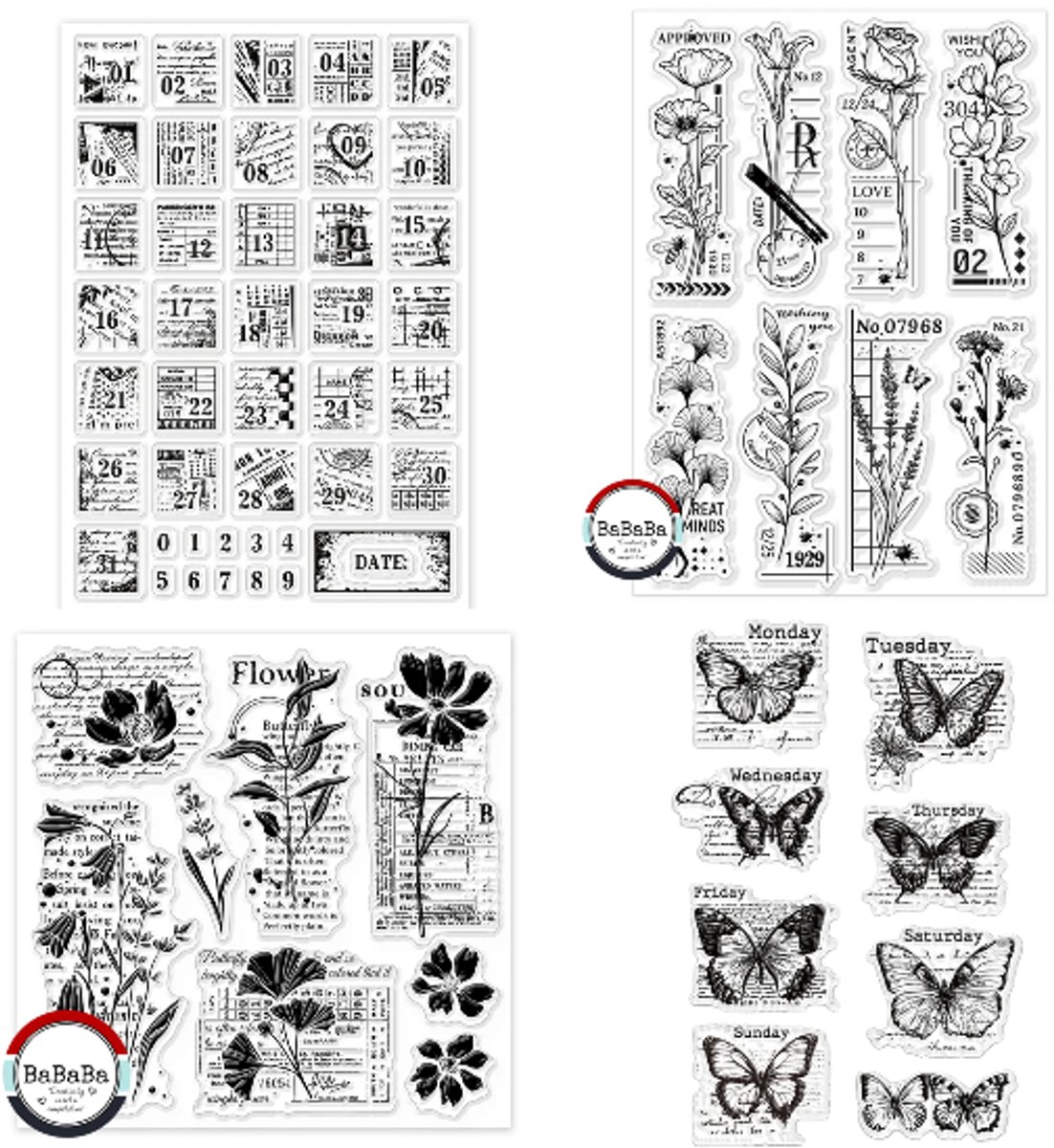 BaBaBa Clearstempels Set van 4 – Bloemen, Vlinders, Weekdagen & Datum | Creatieve Stempels voor Scrapbooking, Journaling & Kaarten