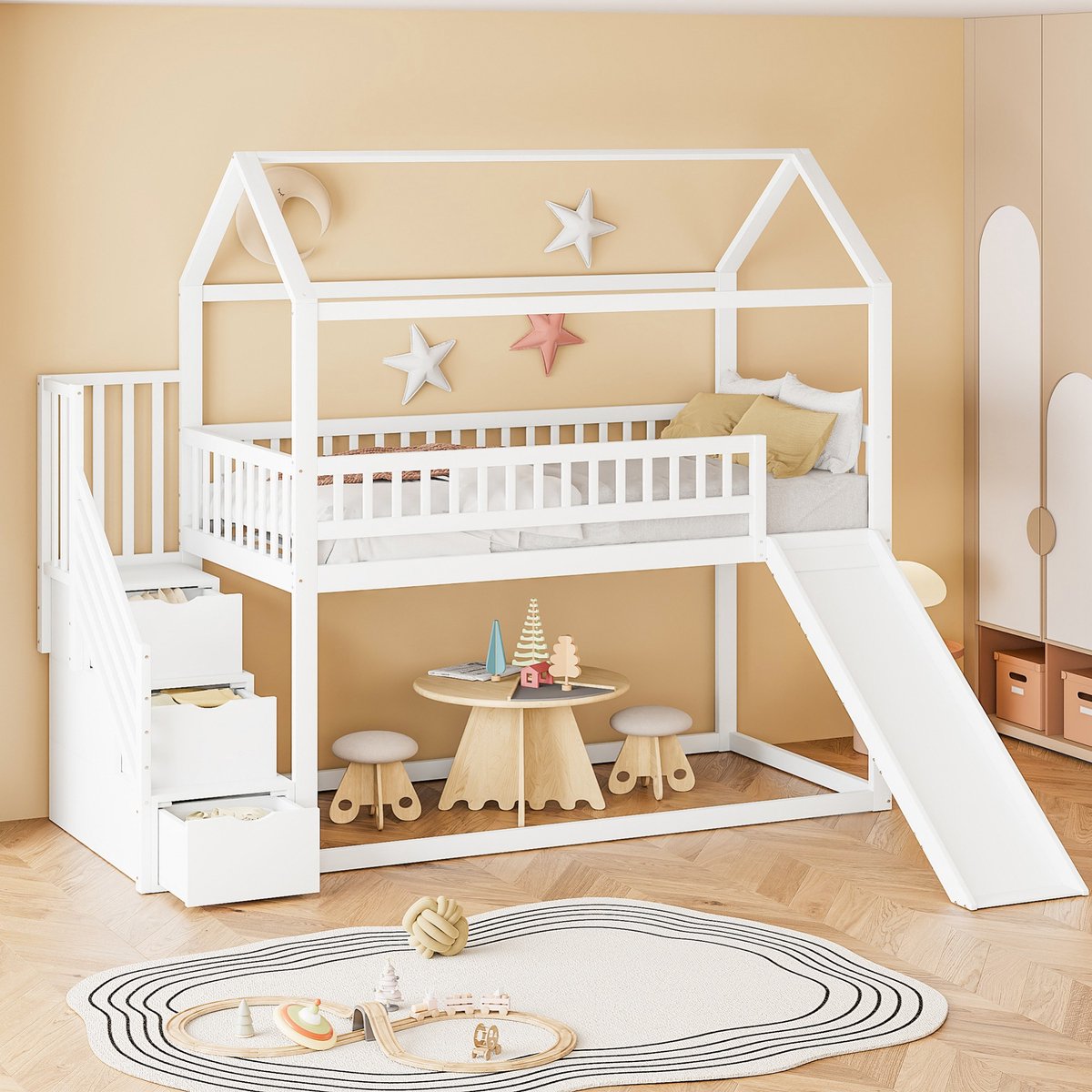 Sweiko Hoogslaper - 90 x 200 cm - Met glijbaan - Opbergruimte - Houten kinderbed - Wit