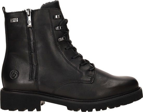 Botte lacée noire en cuir avec fermeture éclair et semelle épaisse à crampons.