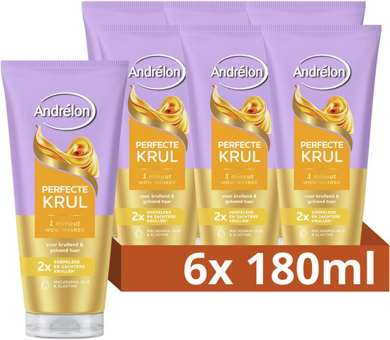 Een bruine doos met zes paarse tubes "Andrélon Perfecte Krul 1 Minuut WOW Masker".