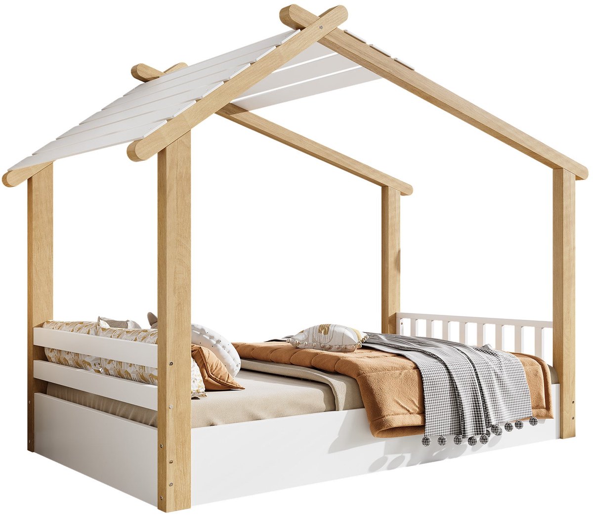 Merax Kinderbed Huisbed – Houten Bed 90x200 cm – Met Lattenbodem – Wit & Naturel – Massief Hout en MDF