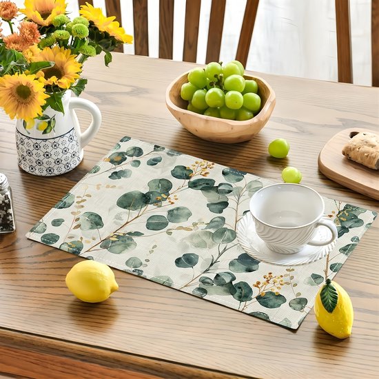 Ensembles de nappes d'été Feuilles d'eucalyptus Nappes vertes 30 x 45 cm Lavable Décorations de vacances de printemps pour table à manger Cuisine Fête