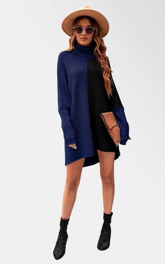 Trui met hoge hals, halfblauw en zwart blokkleur