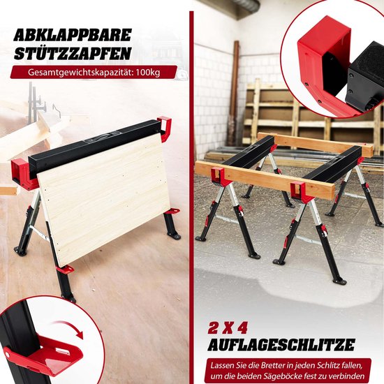 COSTWAY Werkbok, 2 x in hoogte verstelbaar, tot 1180 kg belastbaar, inklapbare zaagbok, antislip pvc-bovenkant, draagbare onderstelbok met handvat, opvouwbare steiger, klapbok, rood + zwart van Merkloos	 — afbeelding 3