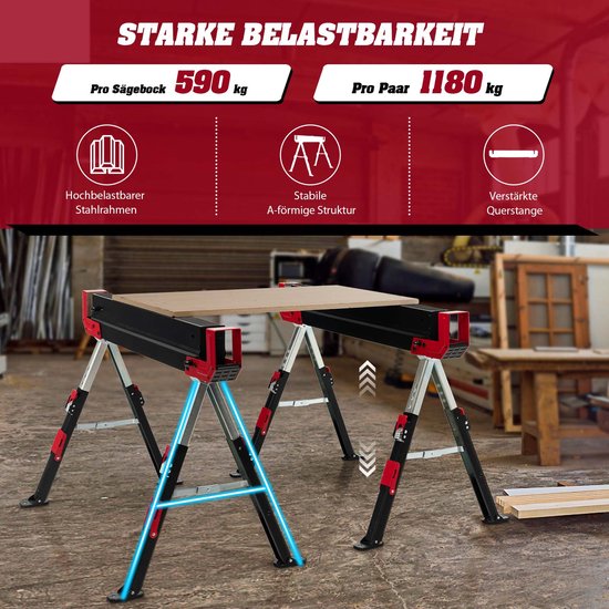 COSTWAY Werkbok, 2 x in hoogte verstelbaar, tot 1180 kg belastbaar, inklapbare zaagbok, antislip pvc-bovenkant, draagbare onderstelbok met handvat, opvouwbare steiger, klapbok, rood + zwart van Merkloos	 — afbeelding 4