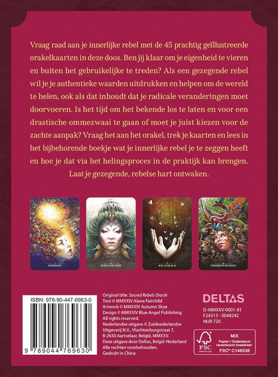 De achterkant van de 'Innerlijke Rebel' orakelkaarten. Vier kaarten met weelderige illustraties: 'Inspiratie', 'Duisternis & Licht', 'Wat Als Dit Is' en 'Vertrouw op Jezelf'. ISBN-barcode en uitgeverinformatie.
