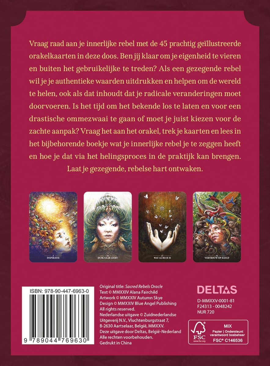 De achterkant van de 'Innerlijke Rebel' orakelkaarten. Vier kaarten met weelderige illustraties: 'Inspiratie', 'Duisternis & Licht', 'Wat Als Dit Is' en 'Vertrouw op Jezelf'. ISBN-barcode en uitgeverinformatie.