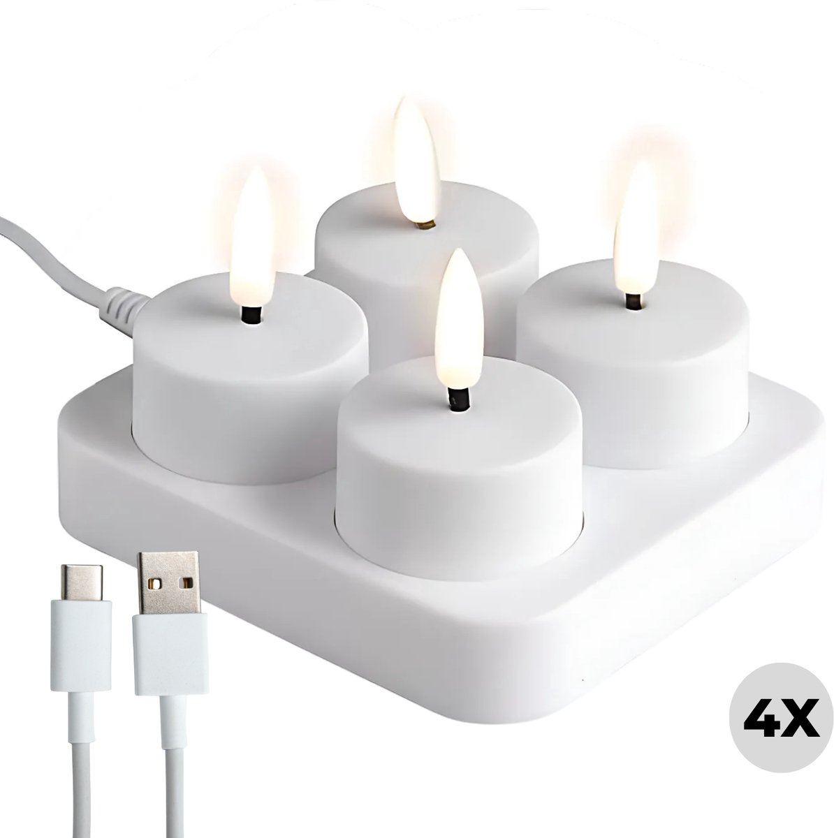 Lomera Oplaadbare LED Theelichtjes - LED Waxinelichtjes - Veilig Alternatief - Duurzaam Oplaadbaar - Usb-Kabel Inbegrepen - Oplaadstation - 4 Oplaadbare Theelichten op Batterijen - LED Kaarsen - Vlamloze Kaarsen - Nep Kaarsen - Kaars LED nvt