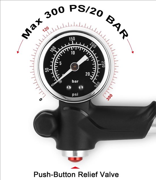 Hogedruk Schokpomp 300 PSI - 2-in-1 Vork- en Fietsbandpomp met Manometer — afbeelding 2
