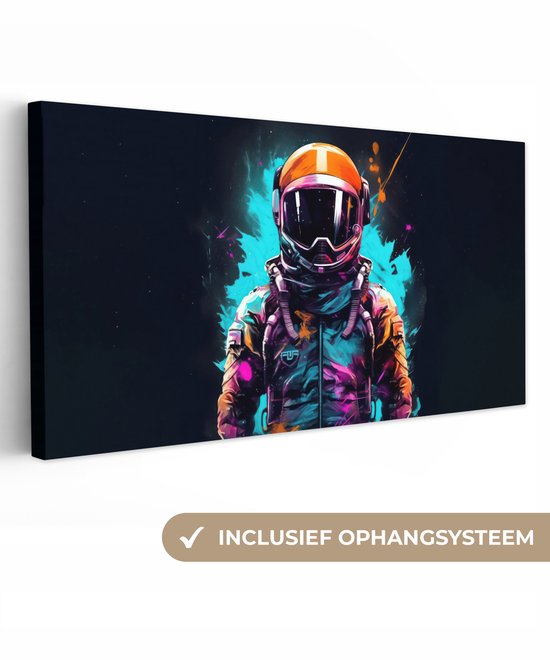 Canvas schilderij 160x80 cm - Wanddecoratie Astronaut - Neon - Gaming - Ruimte - Muurdecoratie game room - Gaming kamer decoratie - Gameroom accessoires - Schilderijen