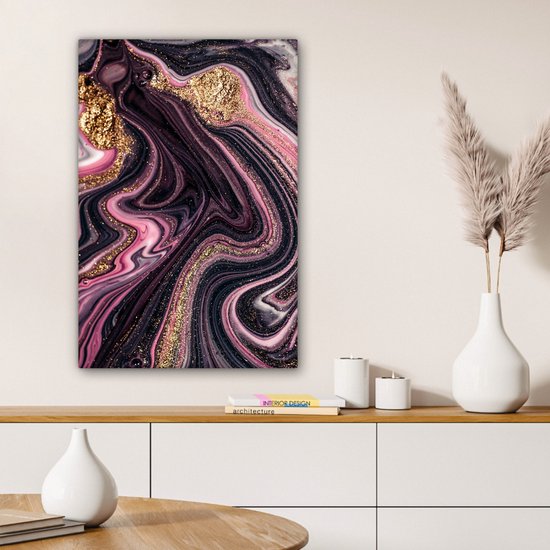 Tableau sur toile aspect marbre - Rose - Goud - Or - Luxe - Marbre - 60x90 cm - Décoration murale