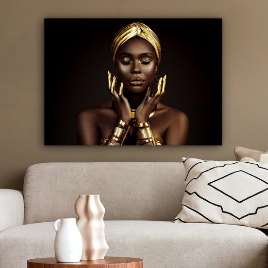 Canvas Schilderij 80x60 cm - Vrouw - Abstract - Goud - Portret - Wanddecoratie slaapkamer - Muurdecoratie woonkamer - Kamer decoratie - Wanddoek interieur binnen - Vrouwen schilderijen