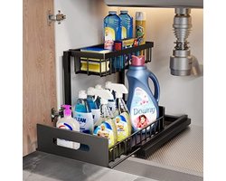 PromoHome Keuken Opbergrek Onder Gootsteen - 2 Lagen Schuiflade Organizer met Zuinappen