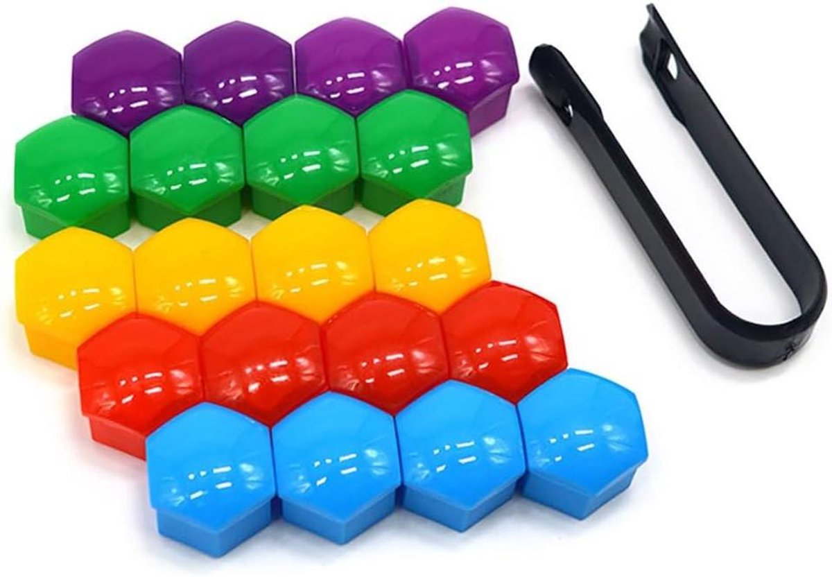 JHubers Goods - 20-delige set Wielmoerafdekkingen 17mm voor Auto, Universele Naaf Schroefdoppen inclusief Verwijderingsgereedschap - Rood Geel Blauw Groen Paars