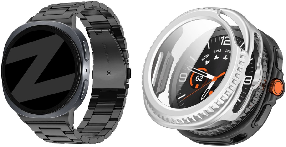 Bandz Bundel – RVS Schakelband ‘Classic’ – Zwart – (inclusief Inkortset) + Hard Case met Screenprotector Glas – Zilver – geschikt voor Samsung Galaxy Watch 8 Classic (46mm)