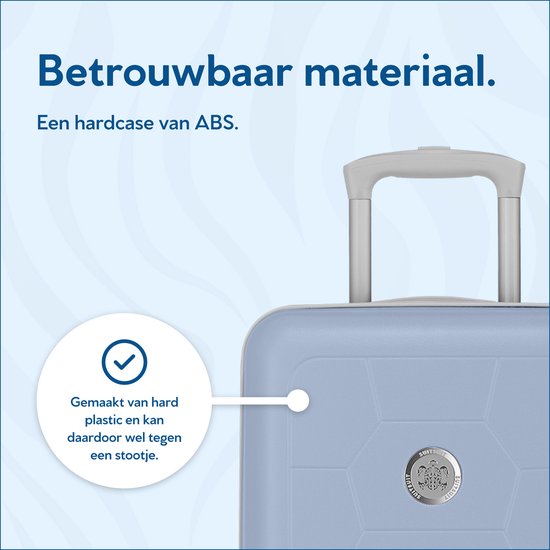 Close-up van de lichtblauwe SUITSUIT koffer met de tekst 'Betrouwbaar materiaal. Een hardcase van ABS.'