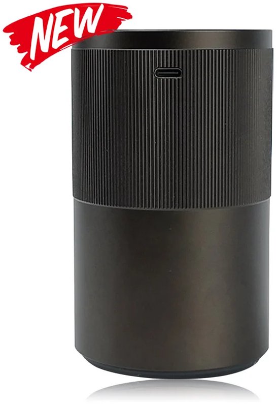 Donkere cilindrische diffuser met ribbelpatroon aan de bovenkant, met 'NEW'-label.