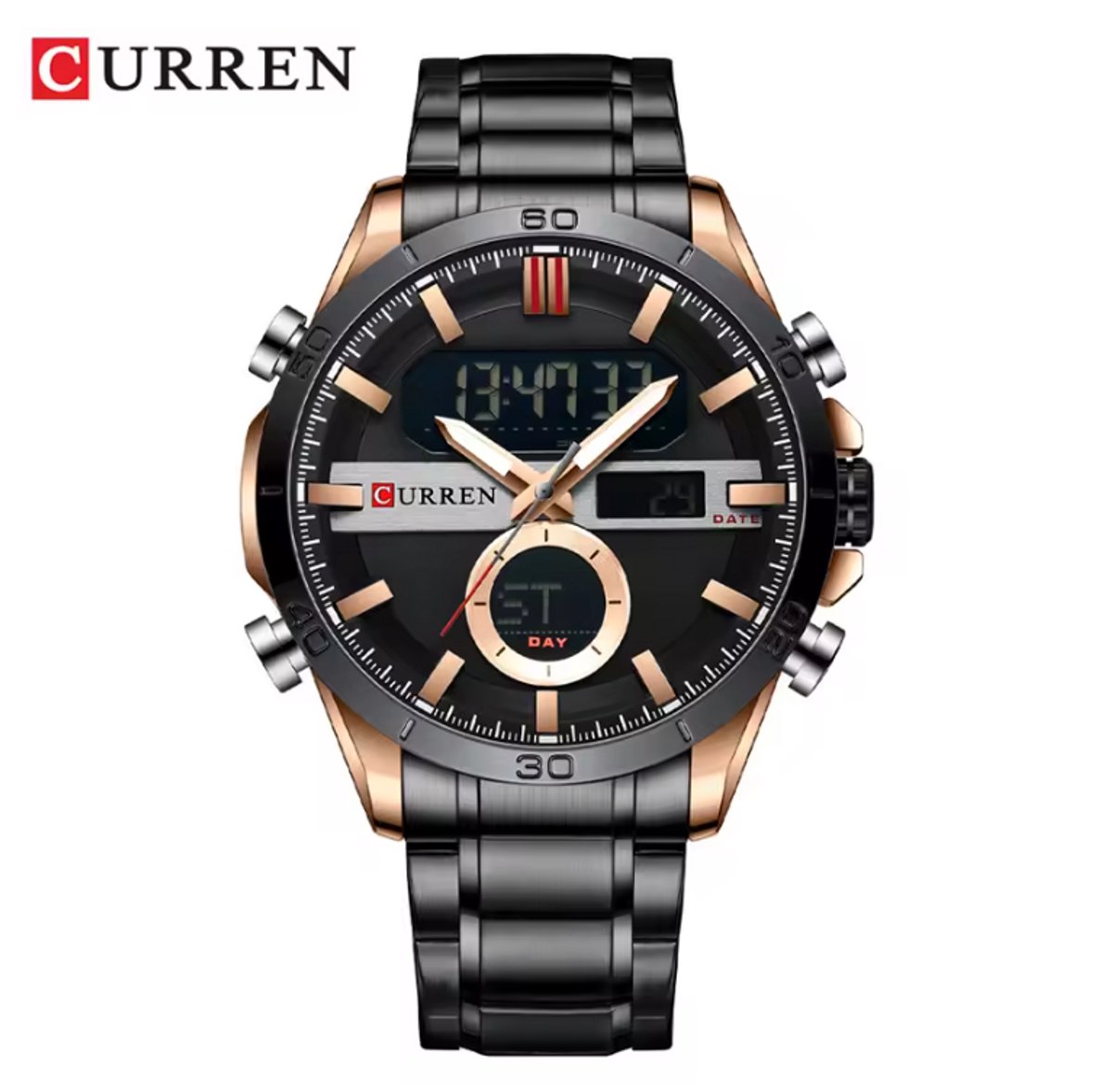 CURREN Horloge 8384 - Rosékleurig-Zwart - Heren - Digitaal Quartz - 48 mm - Chronograaf - Stalen Band - Meerdere Tijdzones - Kalender - Waterbestendig