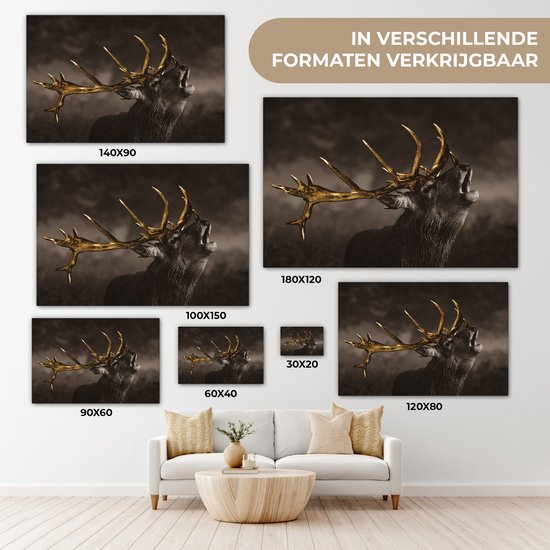 Toile Peinture Cerf - Noir - Or - 120x80 cm - Décoration murale