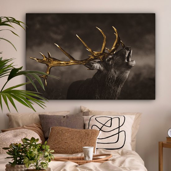 Toile Peinture Cerf - Noir - Or - 120x80 cm - Décoration murale