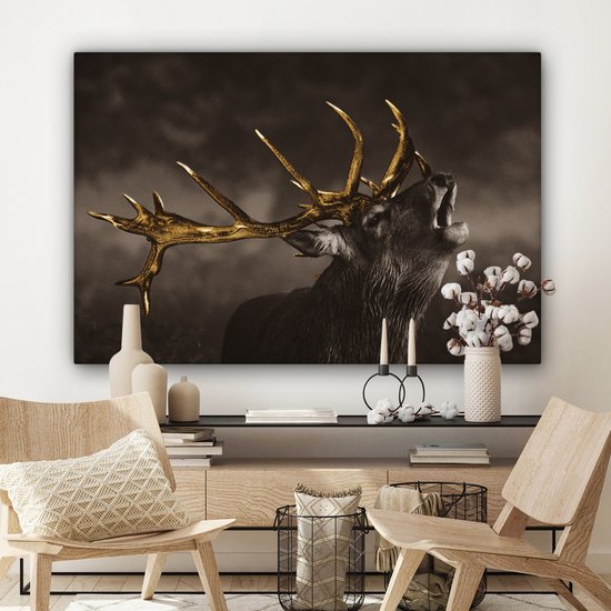 Toile Peinture Cerf - Noir - Or - 120x80 cm - Décoration murale