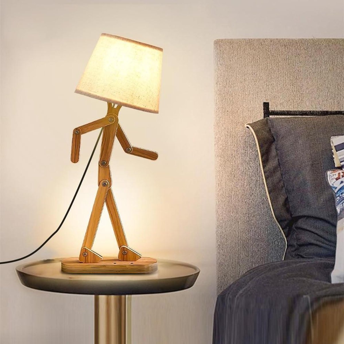 Allecto plus - Houten tafellamp met creatieve wiparm en ronde lampenkap - Leuk kindernachtlampje voor huisdecoratie - Studeer- en werkverlichting met E14-lamp