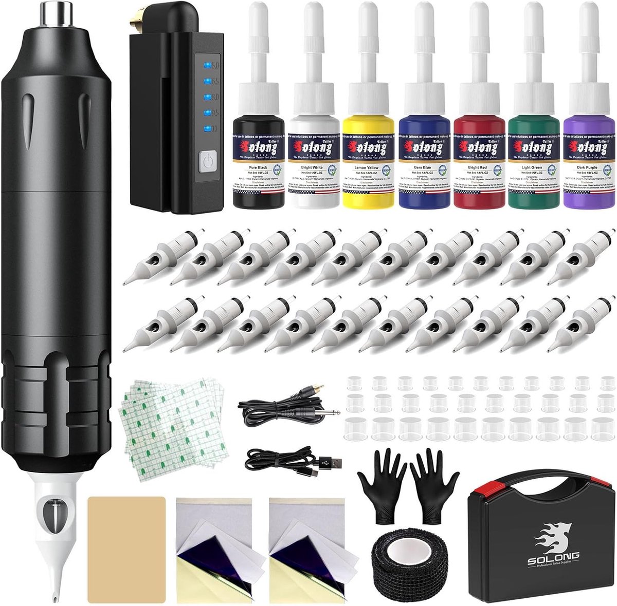 Draadloze Roterende Tattoo Machine Set voor Beginners en Kunstenaars - Inclusief 20 Cartridgenaalden en 14 Inkten