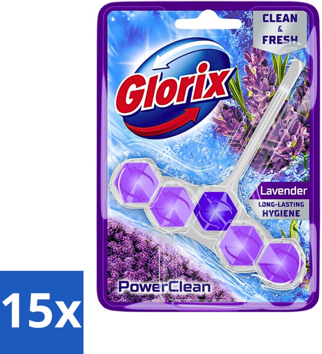 15 x Glorix - Toiletblok - Power Clean Lavendel - Frisse Geur - 1 blok - Toiletblok - Reiniging Wc - Anti-kalk - Lavendel Geur - Hygiëne Wc