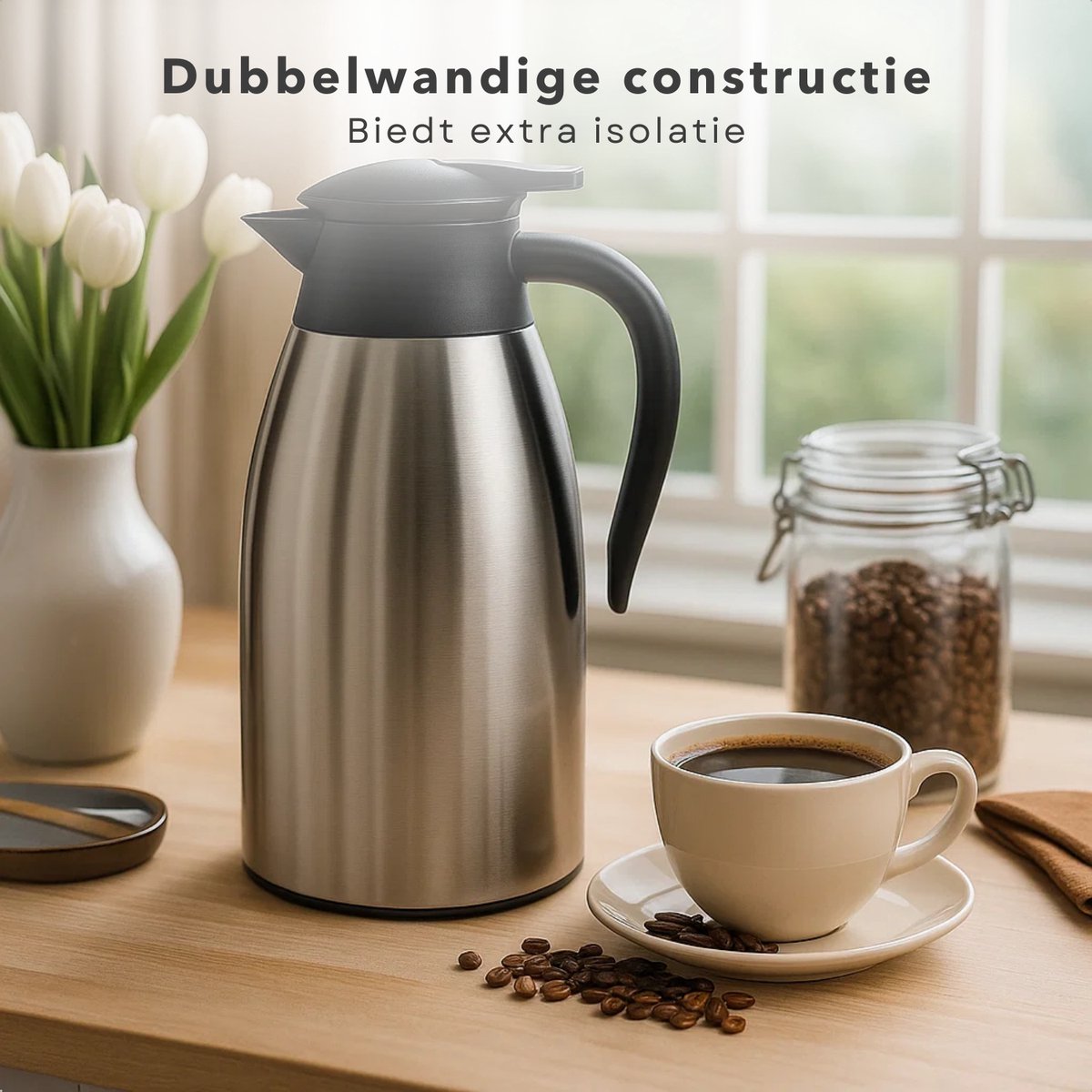 Cheqo® Thermoskan 2 Liter - RVS Thermoskan - Dubbelwandige Thermoskan - Lekvrije Thermoskan - Isolerende Kan - Warme en Koude Dranken - Thermoskan met Handgreep - 1-Hand Bediening - Roestvrij Staal - Thermoskan voor Koffie — cadeau in Koken & Dineren - foto 3