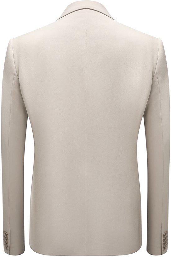 Achterkant van een beige herenjasje met knopen op de mouwen.