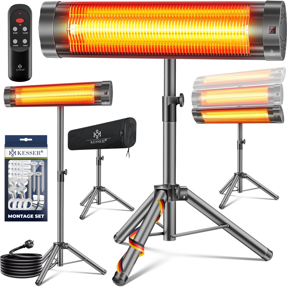 KESSER® Infraroodstraler - Terrasverwarmer - Infrarood Verwarming - Patiostraler 2500W met afstandsbediening incl. beschermhoes in hoogte verstelbare telescoopstandaard Wikkeltafel Patiostraler Kwartsstraler Infraroodstraler - 2500W