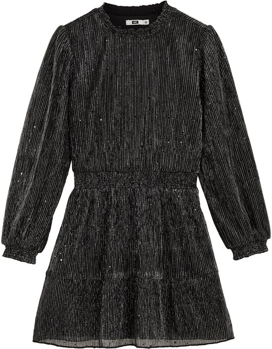 Zwarte jurk met lange mouwen, zilveren strepen en glitter.