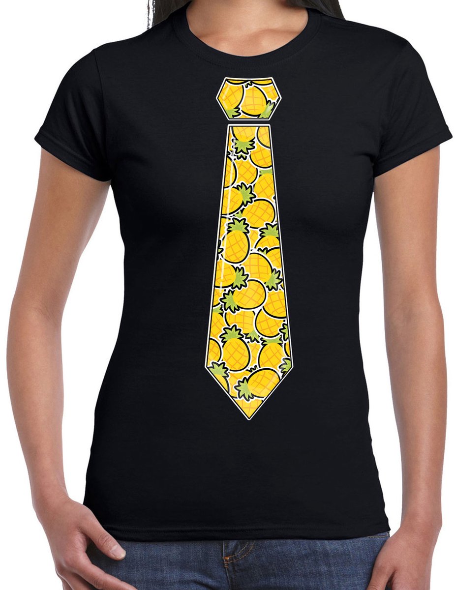 Bellatio Decorations Verkleed T-shirt dames - zwart - ananas stropdas - foute party/themafeest M