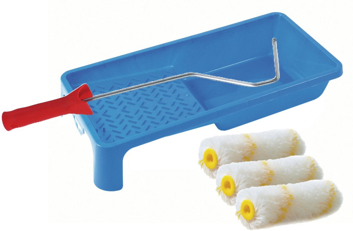 Sorex pluisvrije verfrollers schilderen set - met beugel en verfbak - 3x anti spat vacht rollers - pluisvrij - breedte 10 cm x dikte 4 cm - wasbaar