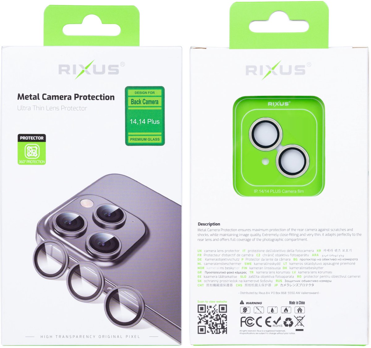 Rixus For iPhone 14, 14 Plus Metal Shield Camera Tempered Glass Starlight