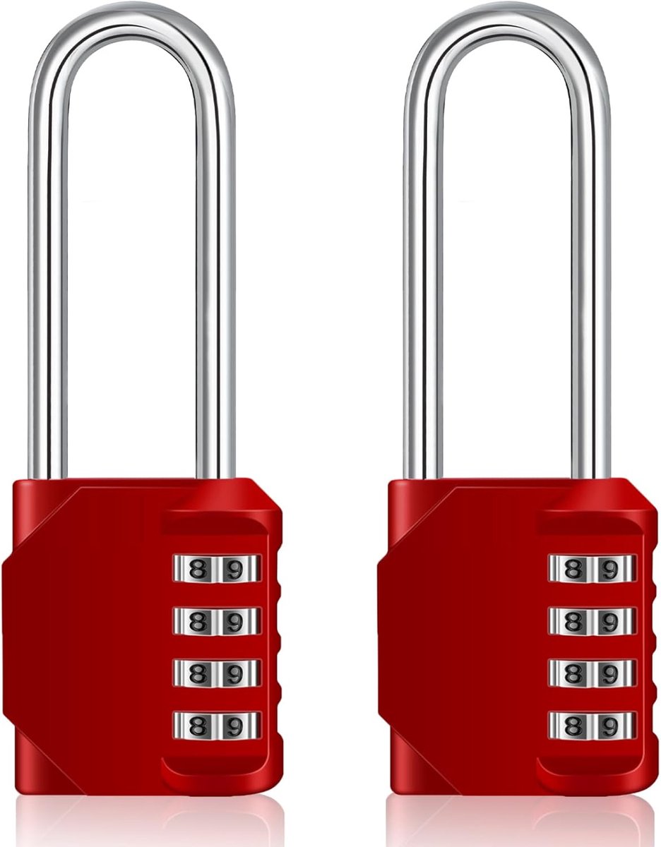 4-cijferige combinatiehangsloten met lange beugel - Weerbestendige cijfersloten voor veilig gebruik buiten en binnen (2 stuks, rood)