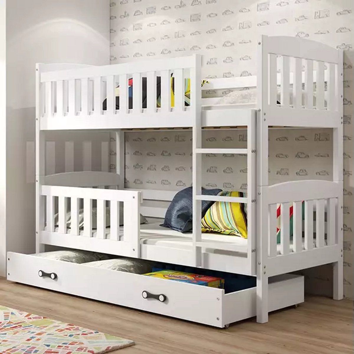 BMS - Jeugd Bunk Bed - 90x190 - Wit - Met Matras en Lade
