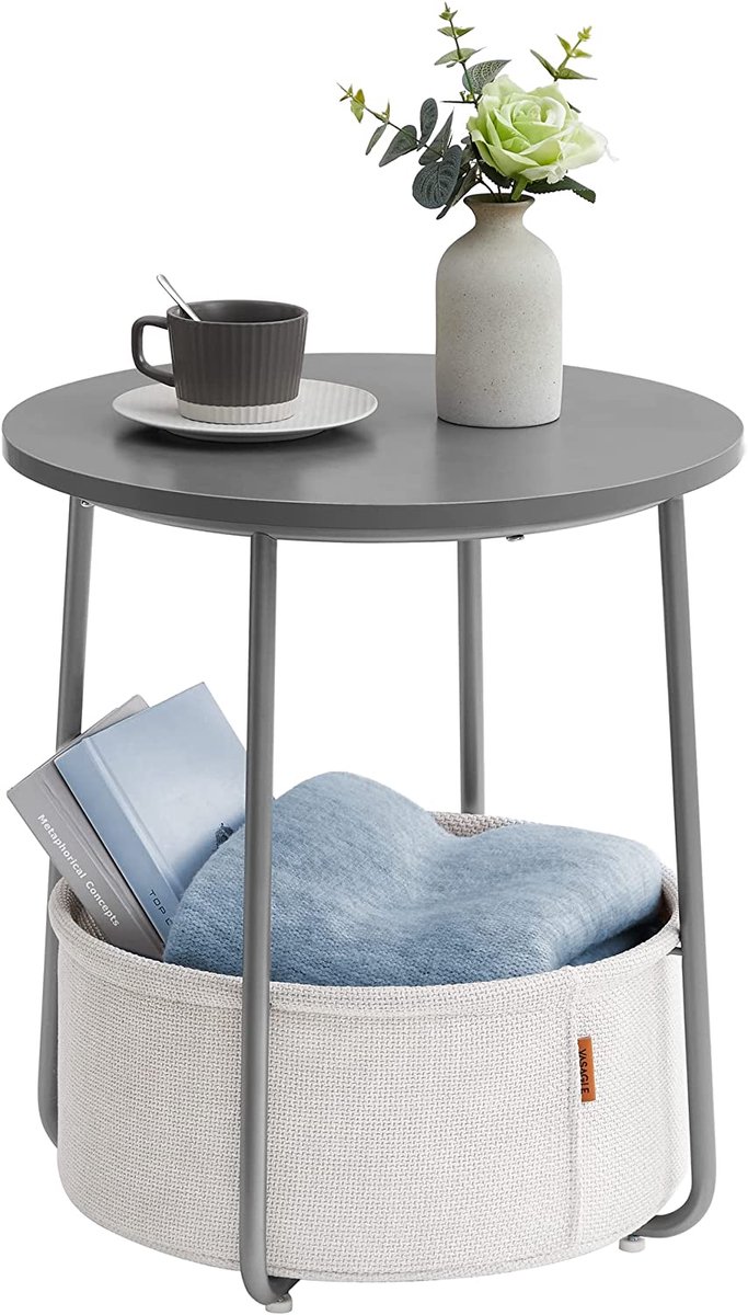 Hoppa! - Bijzettafel - Rond - Kleine tafel - Salontafel - Stoffen mand - Grijs-wolk wit - 45 x 45 x 50 cm