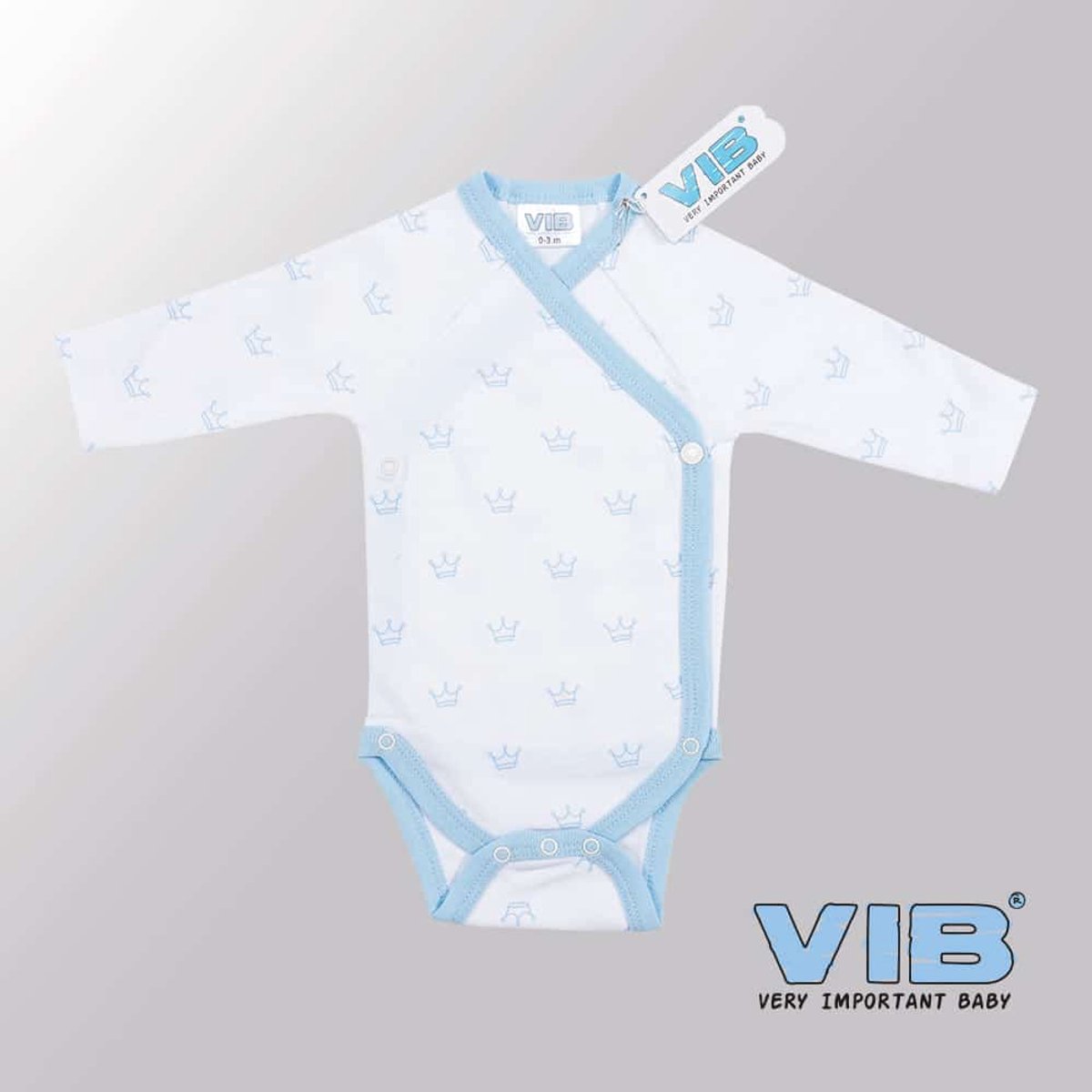 VIB® - Rompertje (overslag) Luxe Katoen - Kroontjes (Blauw) - Babykleertjes - romper - rompertjes - rompertjes met tekst - baby cadeau - baby aankondiging - overslagromper