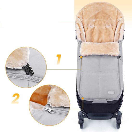 Voetenzak buggy, kunstmatige lamsvacht voetenzak kinderwagen baby winter met ritssluiting, afneembaar, universeel en waterdicht, machinewasbaar, lichtgrijs — afbeelding 3