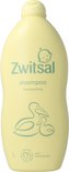 Een gele fles Zwitsal shampoo met een babyhoofdje, een pelikaan met kuiken en de tekst "Mild met kokosolie".