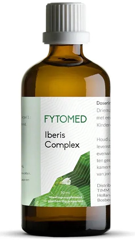 Fles FYTOMED Iberis Complex 50ml. Bruine fles met groen label en afbeelding van bladeren en bloem.