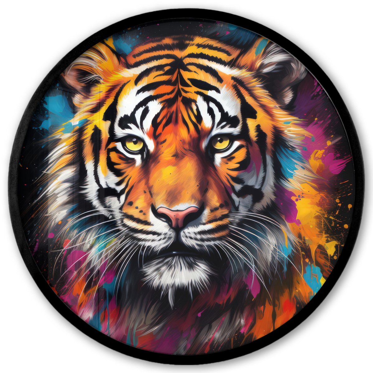 FrameYourWall Poster in lijst Rond - Fotolijst 40x40 cm - Posters - Tijger - Graffiti - Dieren - Zwart - Ronde posterlijst zwart - Decoratie - Wanddecoratie woonkamer - Muurdecoratie slaapkamer Multi