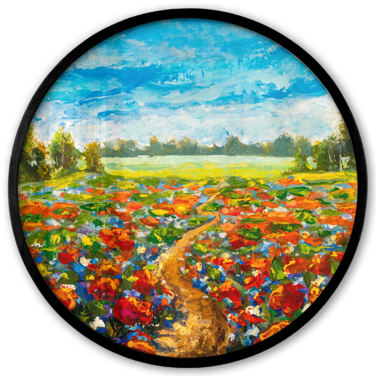 FrameYourWall Poster in lijst Rond - Fotolijst 40x40 cm - Posters - Schilderij - Olieverf - Bloemen - Natuur - Ronde posterlijst zwart - Decoratie - Wanddecoratie woonkamer - Muurdecoratie slaapkamer Multicolor