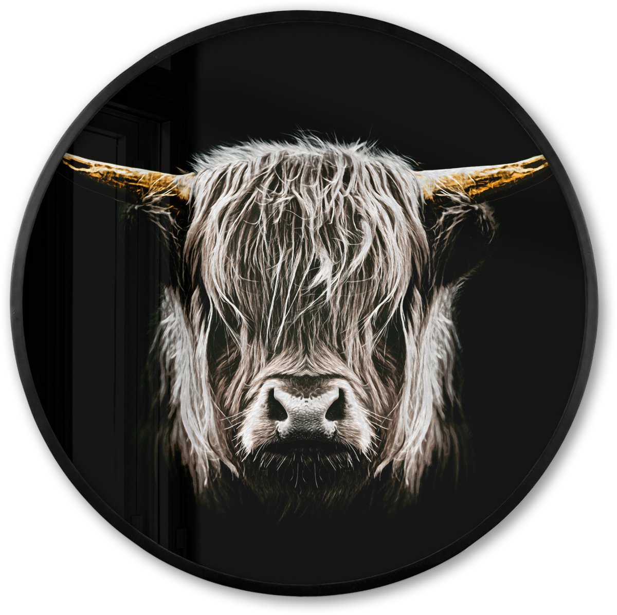FrameYourWall Poster in lijst Rond - Fotolijst 60x60 cm - Posters - Schotse hooglander - Goud - Hoorns - Zwart wit - Koe - Dieren - Ronde posterlijst zwart - Decoratie - Wanddecoratie woonkamer - Muurdecoratie slaapkamer