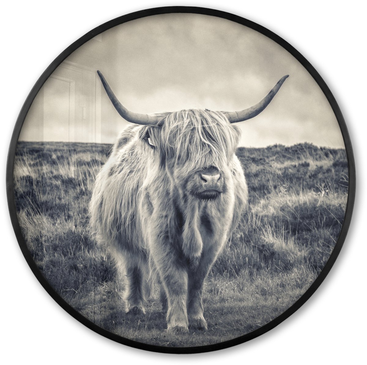 FrameYourWall Poster in lijst Rond - Fotolijst 80x80 cm - Posters - Schotse hooglander - Dieren - Wolken - Koe - Natuur - Ronde posterlijst zwart - Decoratie - Wanddecoratie woonkamer - Muurdecoratie slaapkamer