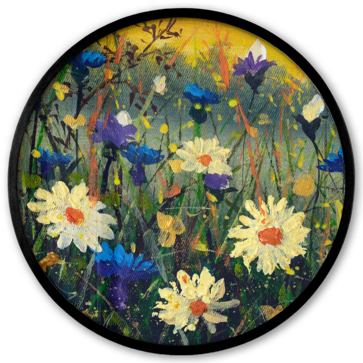 FrameYourWall Poster in lijst Rond - Fotolijst 40x40 cm - Posters - Schilderij - Olieverf - Natuur - Bloemen - Ronde posterlijst zwart - Decoratie - Wanddecoratie woonkamer - Muurdecoratie slaapkamer Multicolor