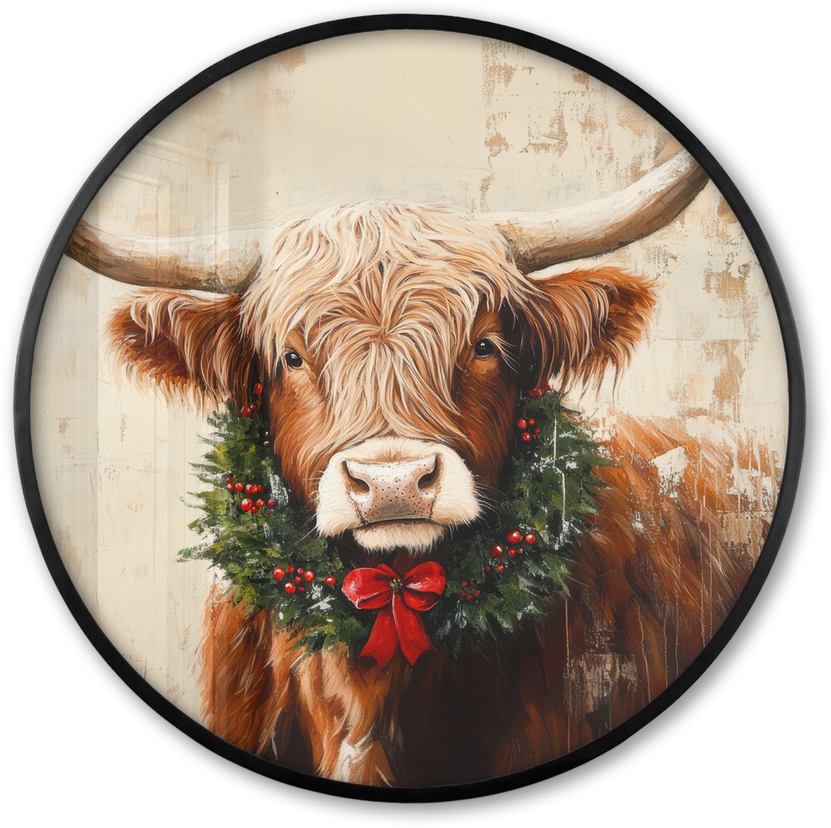 FrameYourWall Poster in lijst Rond - Fotolijst 80x80 cm - Posters - Kerst - Schotse Hooglander - Bruin - Krans - Ronde posterlijst zwart - Decoratie - Wanddecoratie woonkamer - Muurdecoratie slaapkamer - Kerstversiering - Kerstdecoratie voor binnen - Kerstmis
