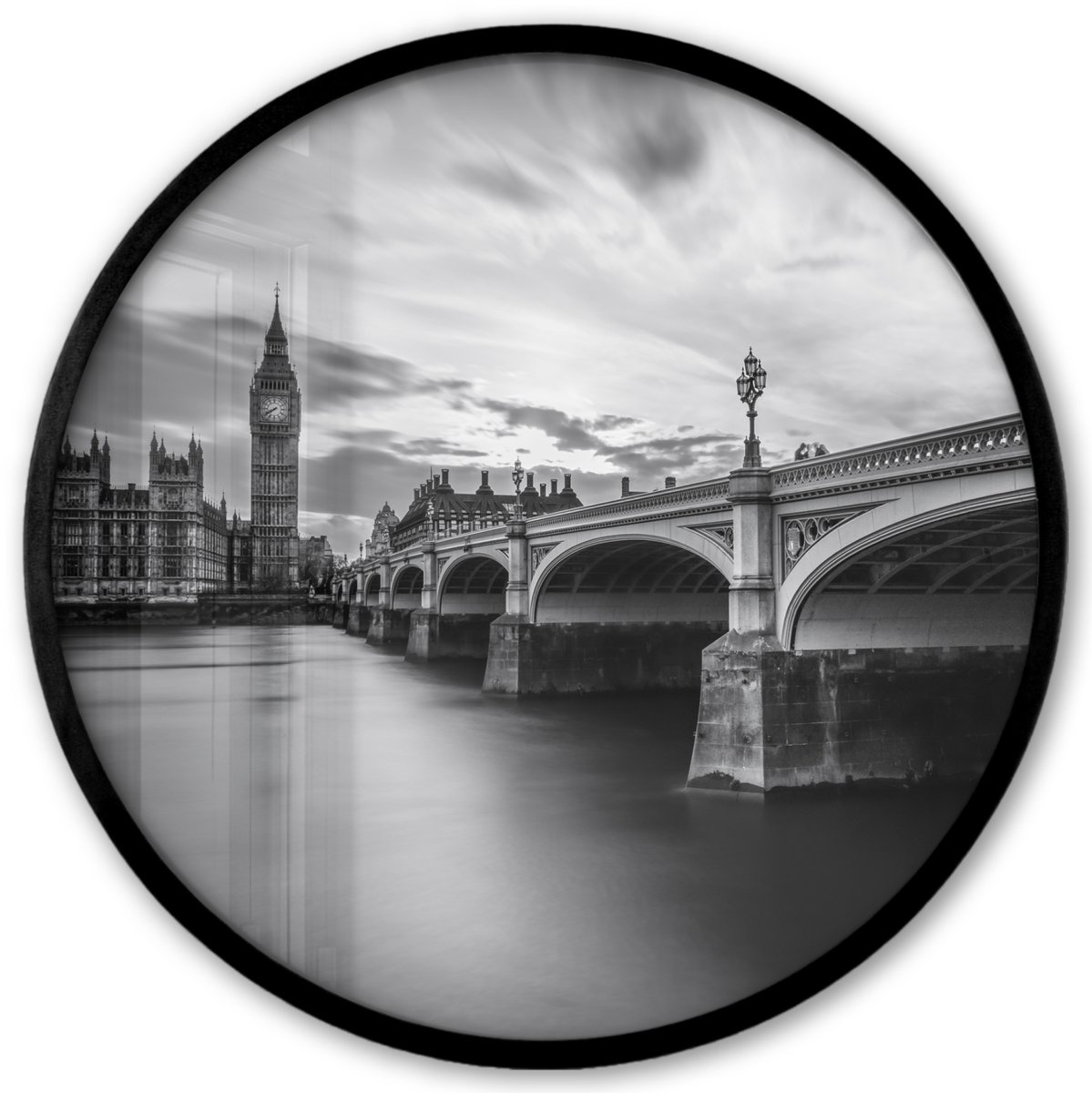 FrameYourWall Poster in lijst Rond - Fotolijst 40x40 cm - Posters - Brug - Architectuur - Engeland - Zwart wit - Ronde posterlijst zwart - Decoratie - Wanddecoratie woonkamer - Muurdecoratie slaapkamer Londen - Big Ben