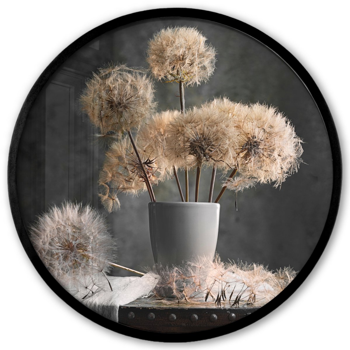 FrameYourWall Poster in lijst Rond - Fotolijst 40x40 cm - Posters - Bloemzaden - Paardenbloem- Vaas - Stilleven - Boeket - Ronde posterlijst zwart - Decoratie - Wanddecoratie woonkamer - Muurdecoratie slaapkamer Vaas - Paardebloemen